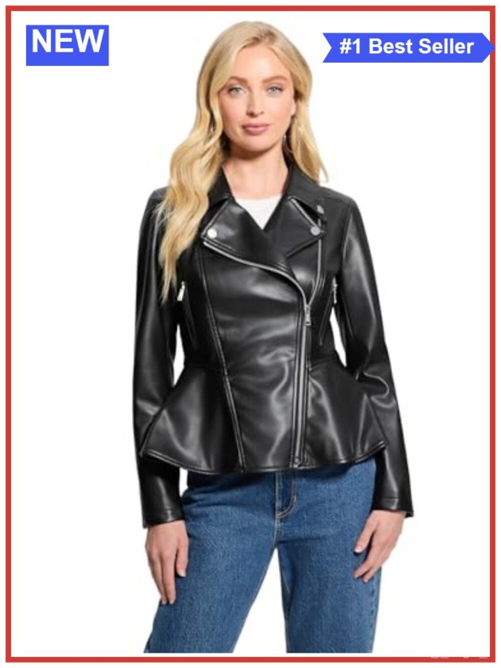 Long Sleeve Peplum Moto Jacket Faux Leather Folded Collar Asymmetrical Zip